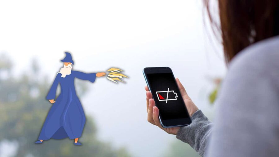 A wizard placed next a phone with a dead battery illustrating something unknown is draining a phone's battery.